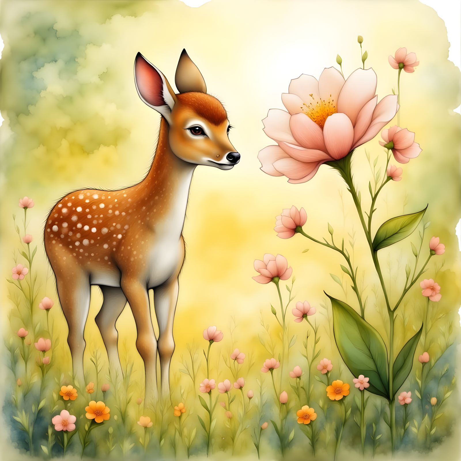 A Young Deer in Wonder with a Vibrant Flower