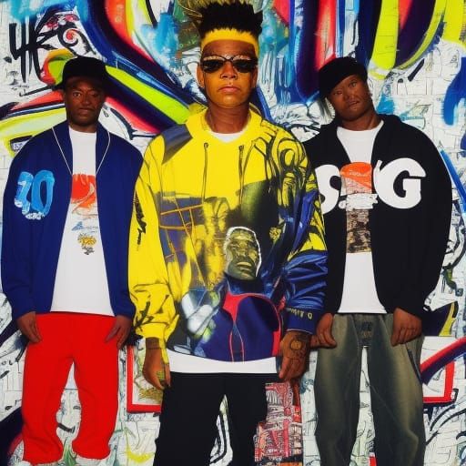16k resolution, art by Kehinde Wiley and Jean-Michel Basquiat. A streetwear ensemble inspired by 90s hip-hop: baggy jean...