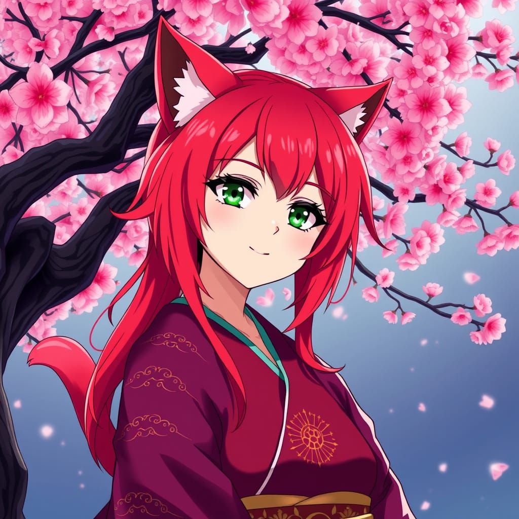 Serenely Smiling Anime Girl in Traditional Kimono Under Cher...