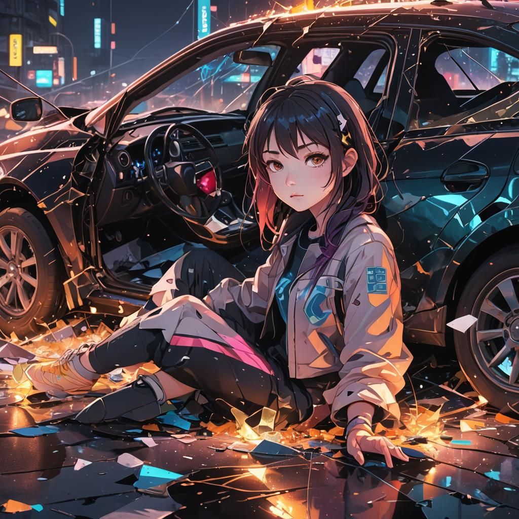 Anime Girl in Car Crash: 3D Neon Art