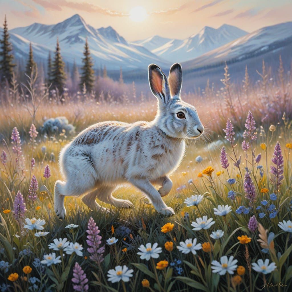 Arctic Hare in Winter Meadow Wax Painting