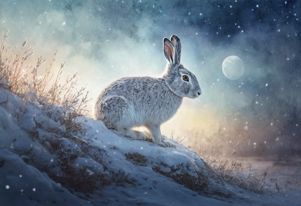 Arctic Hare in Moonlight Watercolor Painting