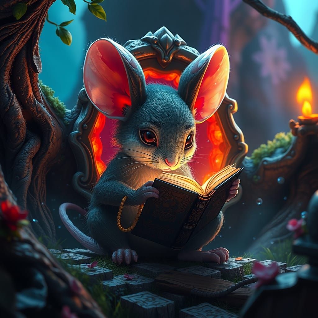 Mouse Reading by Story Portal in Fantasy Art
