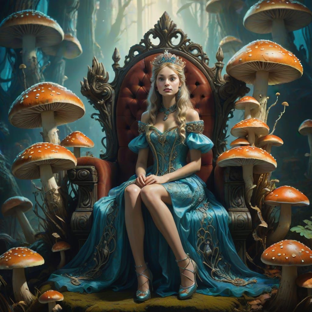 Regal Princess in Mushroom Throne, Whimsical Fantasy Art
