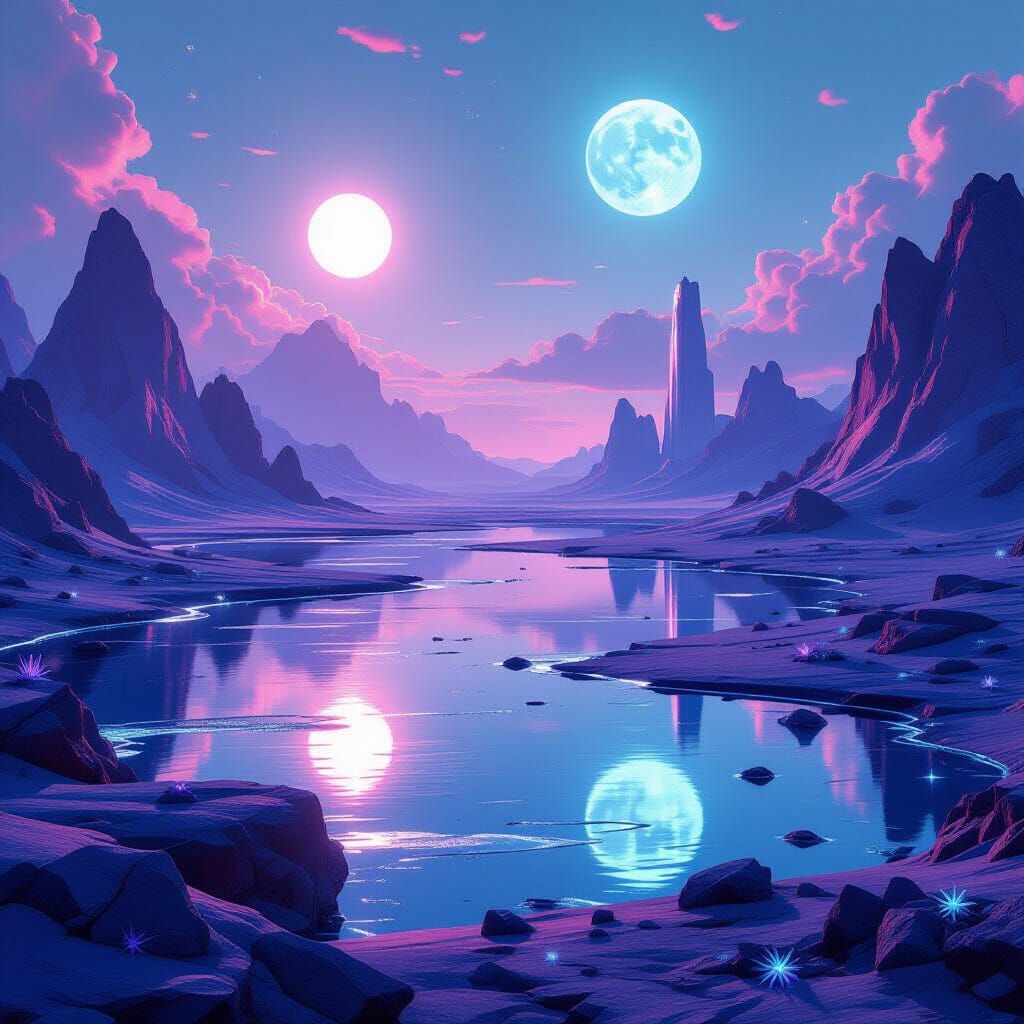 Alien Desert Landscape with Crystal Mountains and Two Suns
