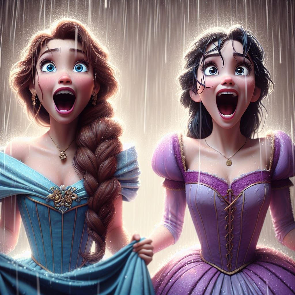 Joyful Princesses in Rainy Wonder, Digital Art