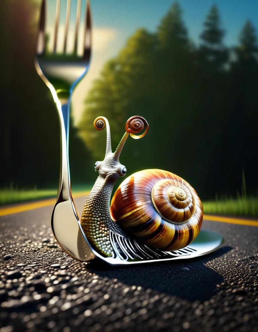 Snail Perched on Ornate Fork in Road
