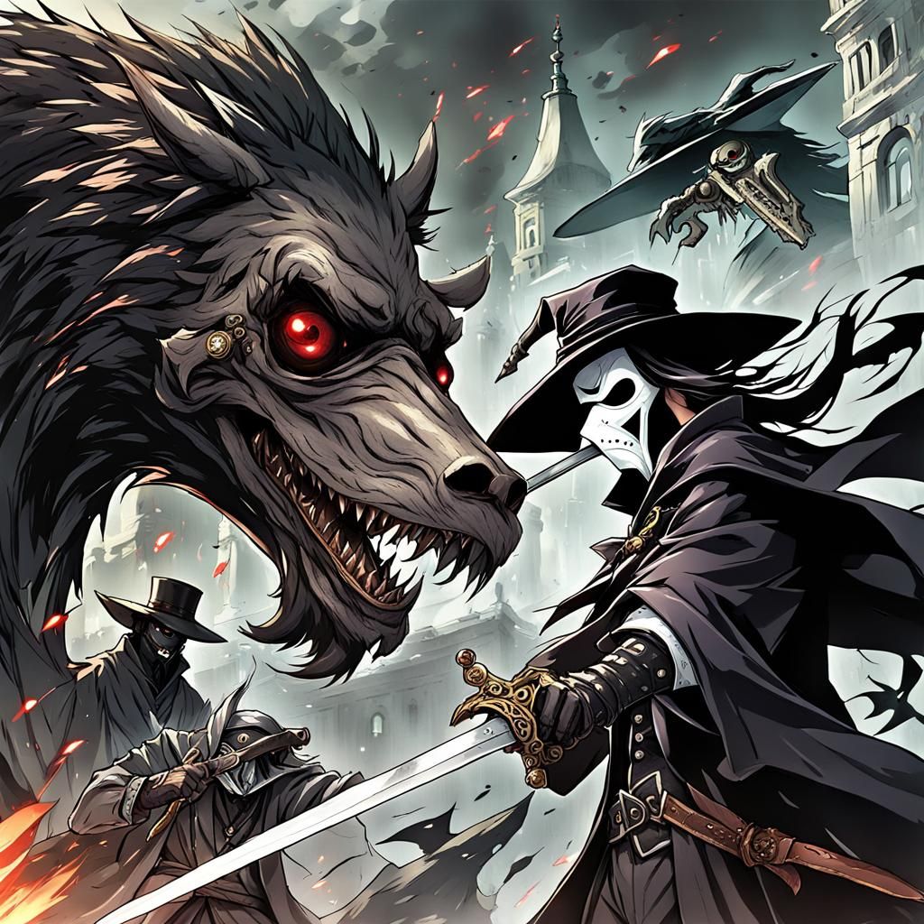 Plague Doctor vs. Monster in Anime Style