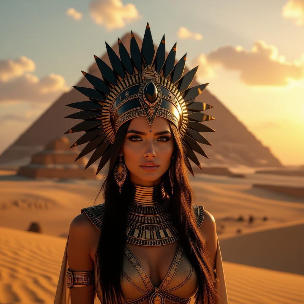 Woman Before Giza Pyramids at Sunset in Hyperrealistic Style