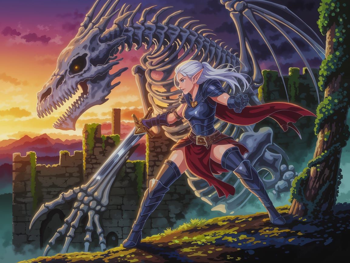 Elf Warrior Battles Bone Dragon: Anime-Inspired Art