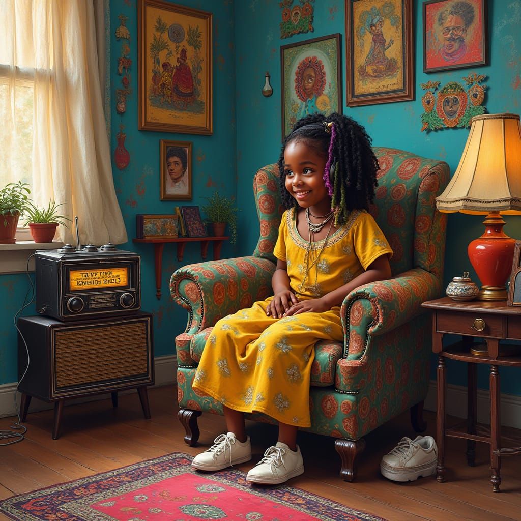 Vibrant Girl in Cozy Living Room Listening to Radio in Graff...