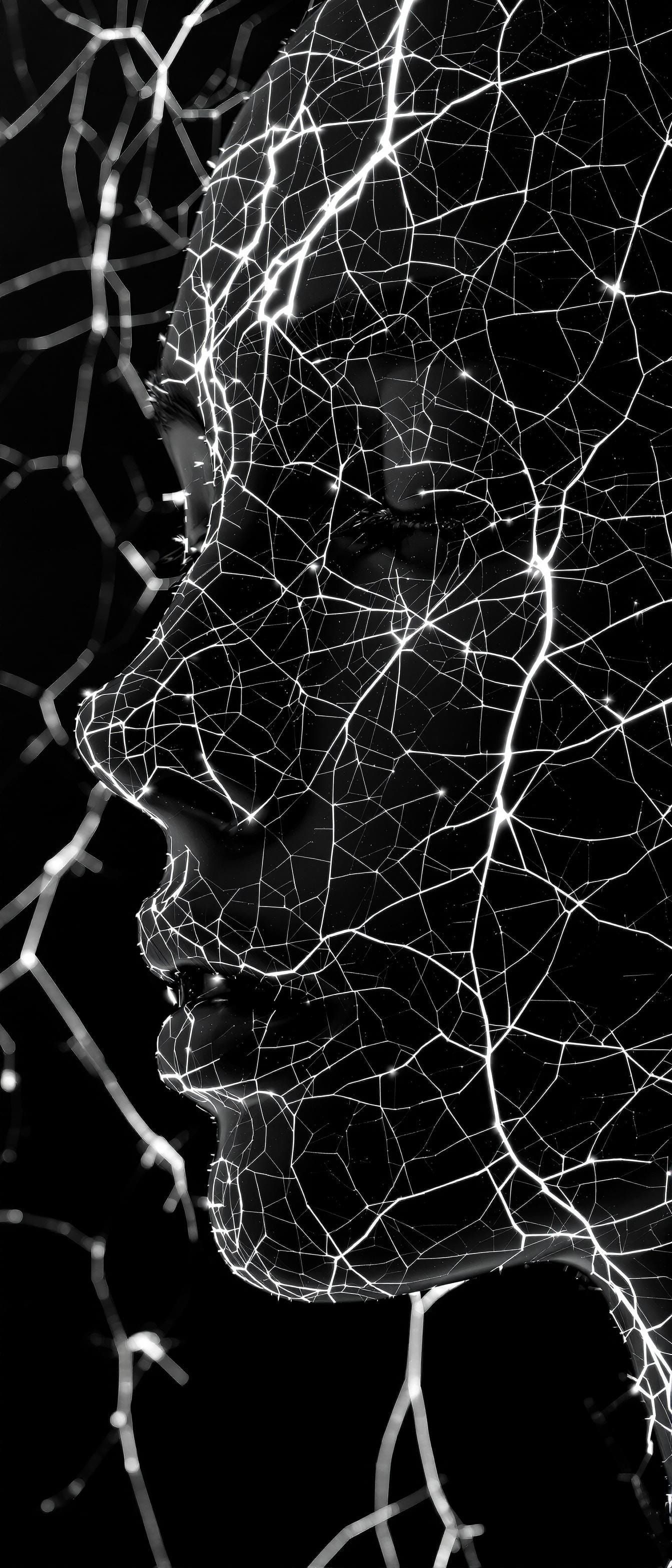 Monochrome Portrait of a Survivor with Cracked Glass Skin