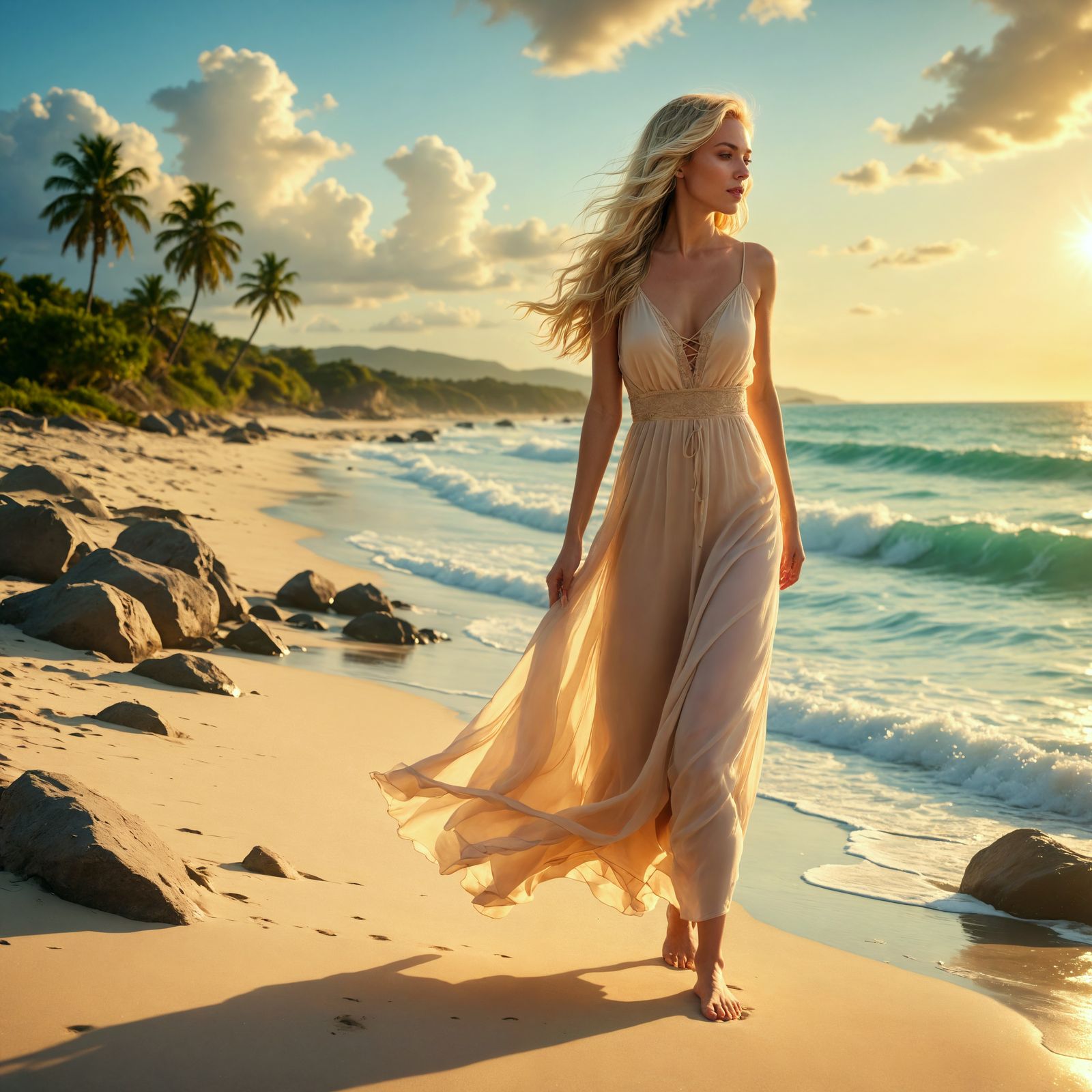 Barefoot Woman on Beach at Sunset: Hyperrealistic Digital Ar...