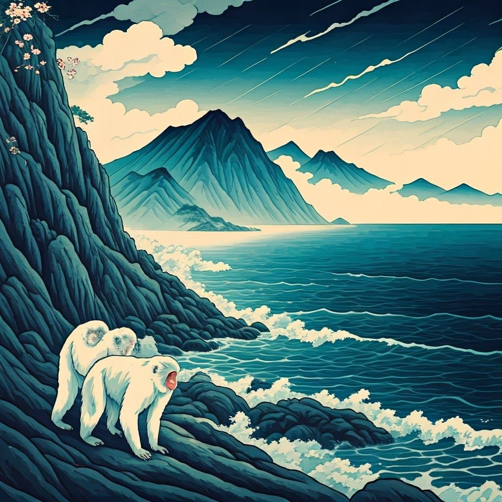 Ukiyo-e Coastal Landscape with Snow Monkeys