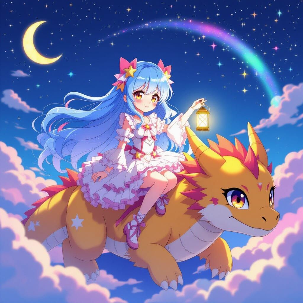 Anime Girl on Dragon in Dreamy Night Sky