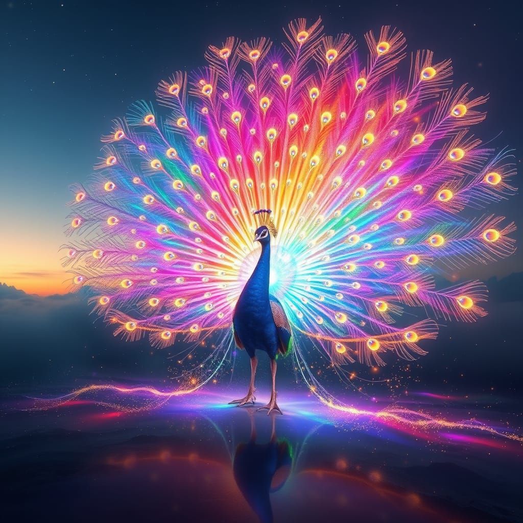 Majestic Peacock of Light Spreads Radiant Feathers