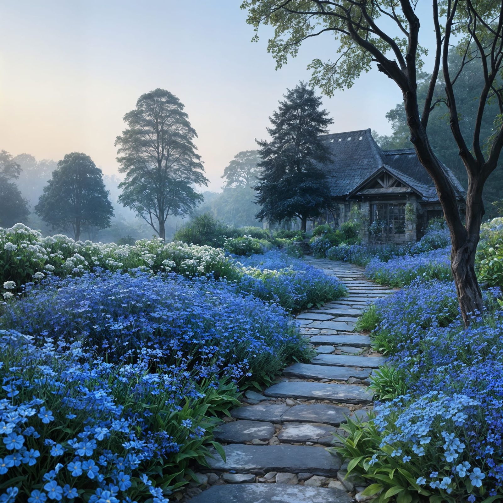 A dreamlike indigo-themed botanical garden bathed in soft tw...