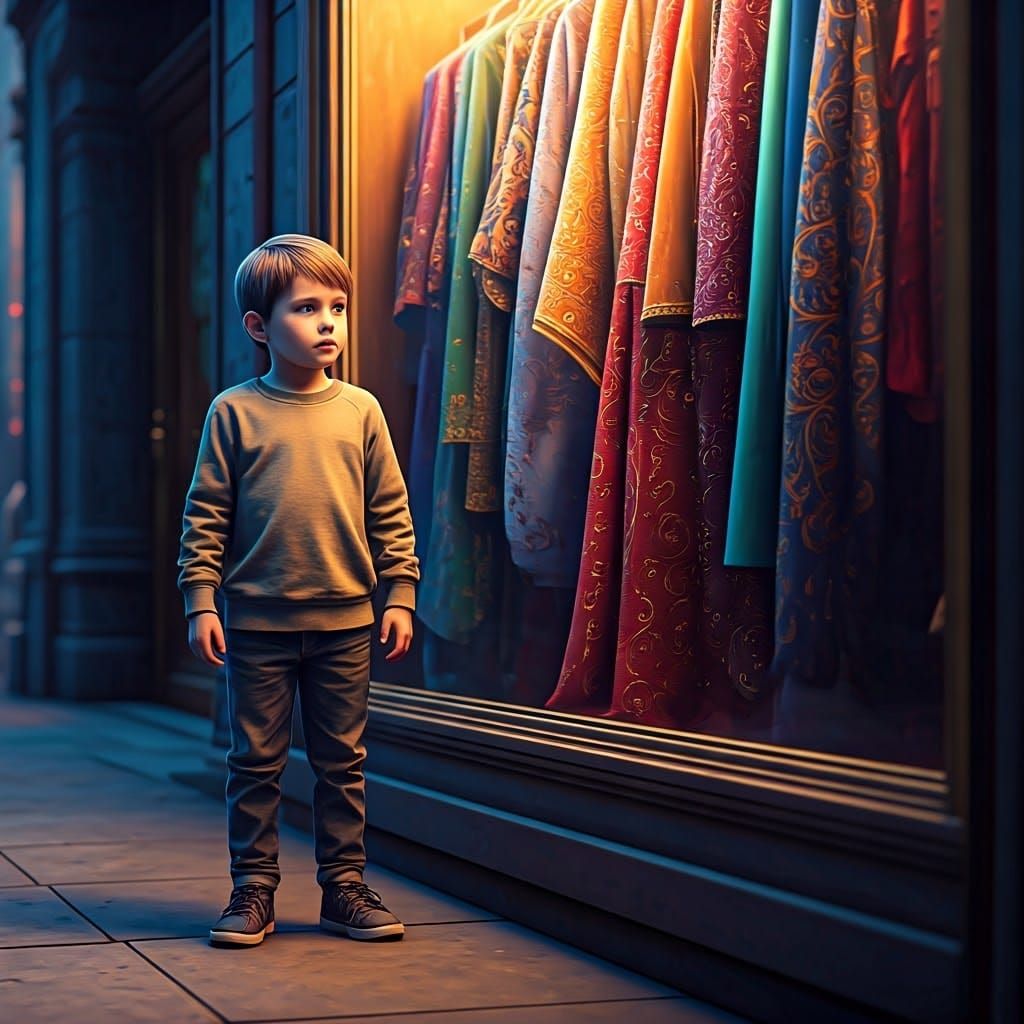 Boy and Mirrored Fantasy Clothes in Shop Window