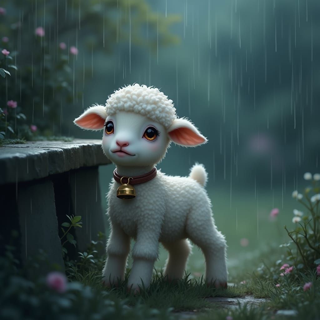 Lamb in Rainy Garden: Painterly, Emotive Illustration