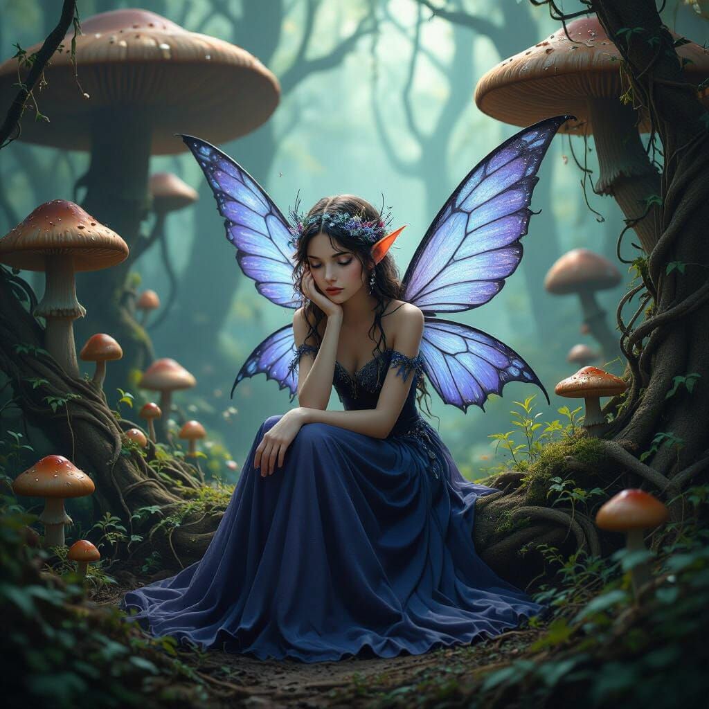 Sad Fairy in Dark Forest with Mushroom Vines
