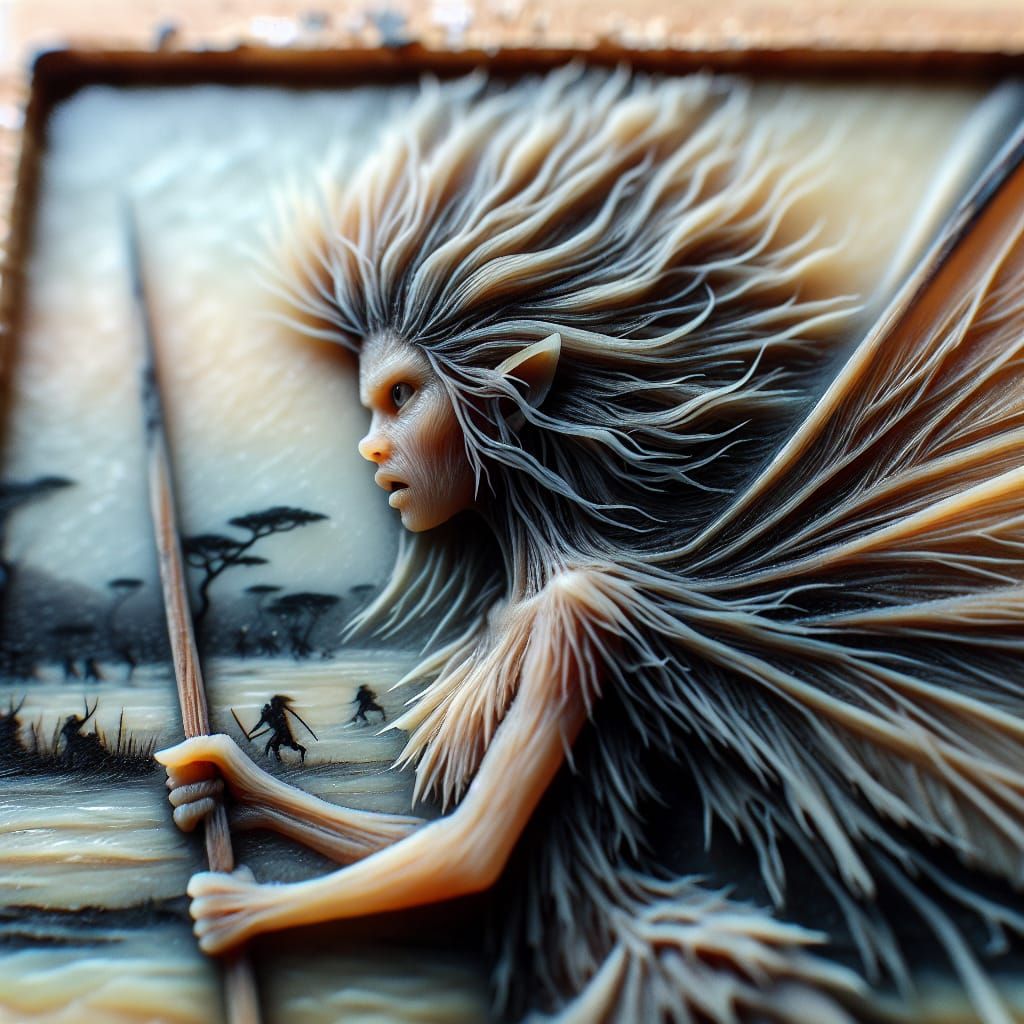 Encaustic Art: Fierce Fairy Warrior in Savanna Landscape