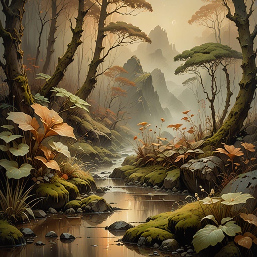 Soothing Earth-Toned Mountain Landscape in Gentle Rain