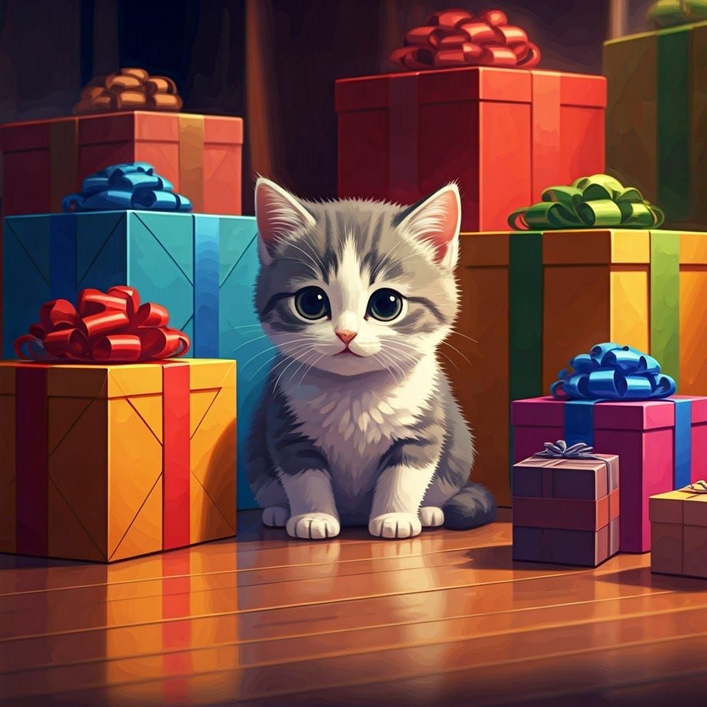 Whimsical Kitten Amidst Vibrant Gifts in Studio Trigger Styl...