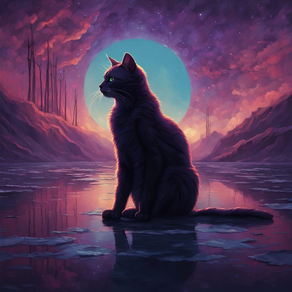 Surreal Cosmic Cat in Iridescent Blues and Purples
