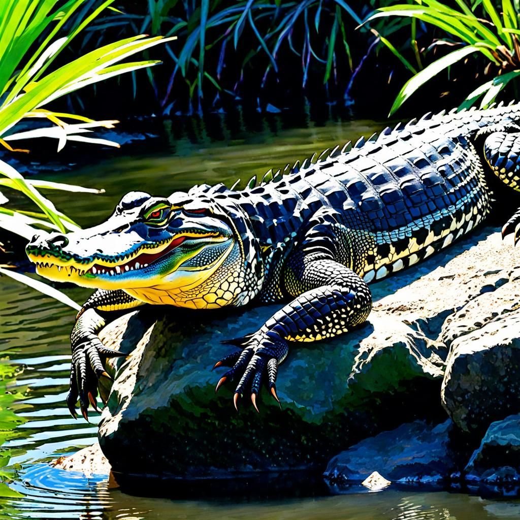 Alligator Sunbathing Peacefully on Riverbank