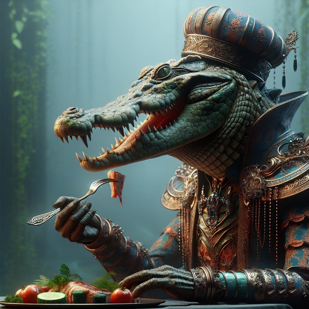 Fantastical Crocodile in Whimsical Costume Devours a Feast