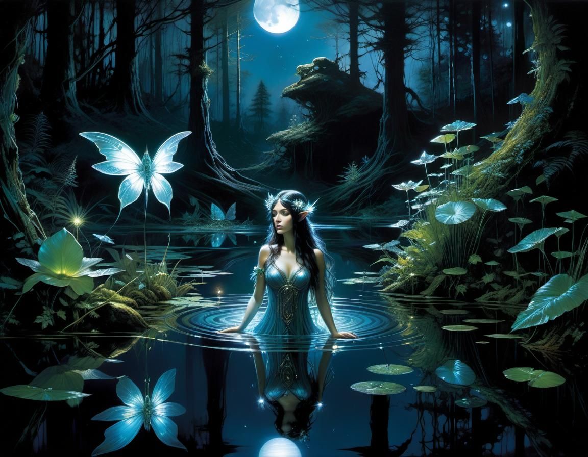 Bioluminescent Fairy Goddess in Forest Pond