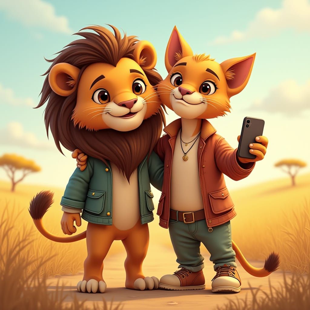 Lion and Cat Selfie in Sunny Savannah