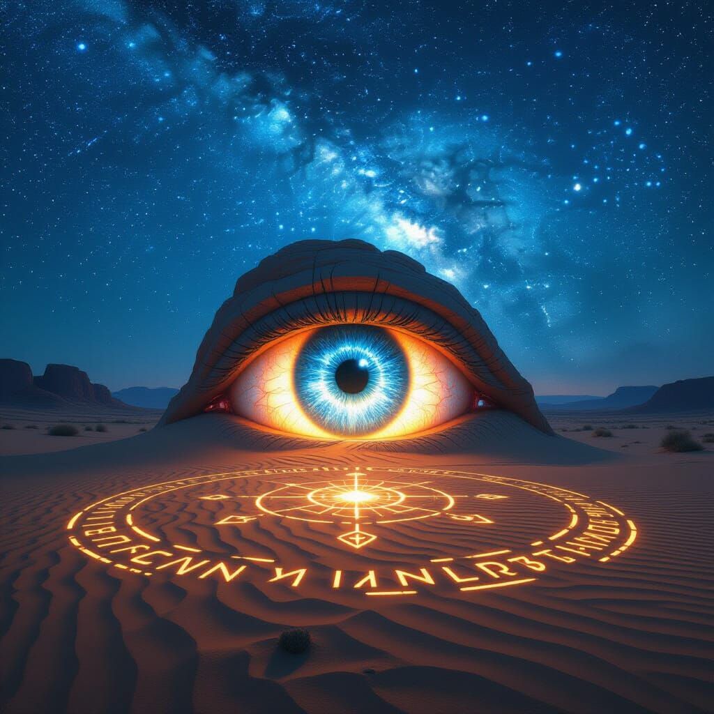 Glowing Eye Carved in Desert with Mystical Runes