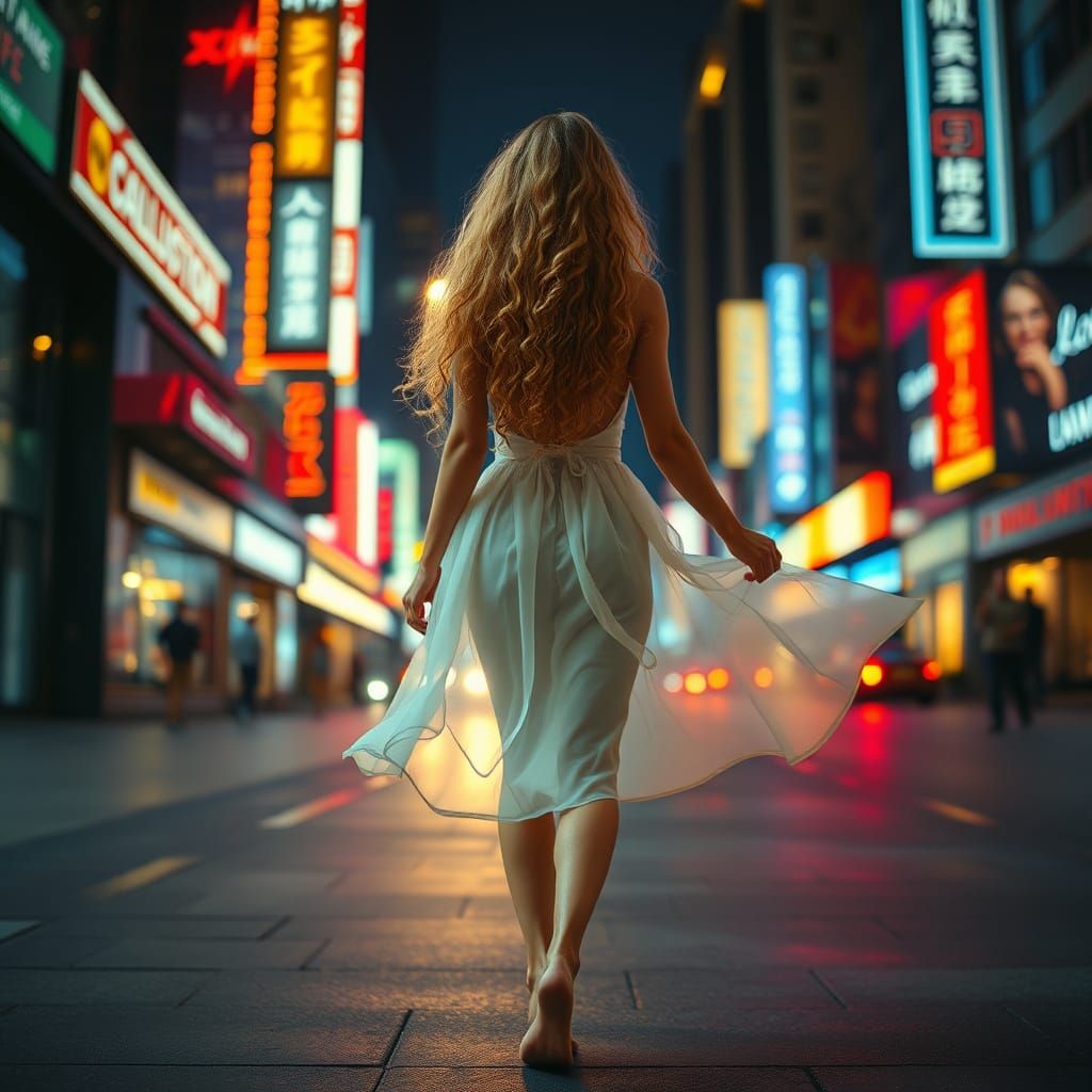 Surreal Night City Goddess in Flowing White Dress