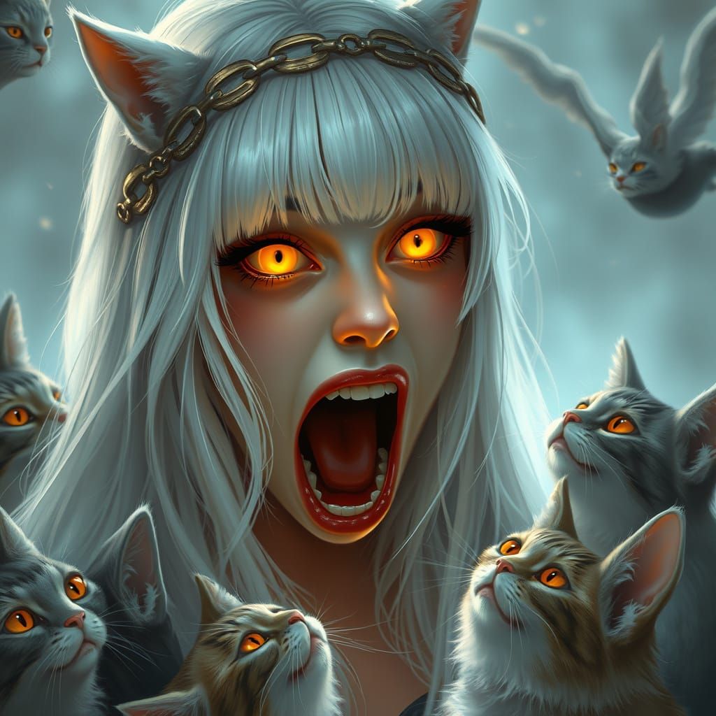 Ethereal Woman Surrounded by Cats in a Whimsical Fantasy Sce...