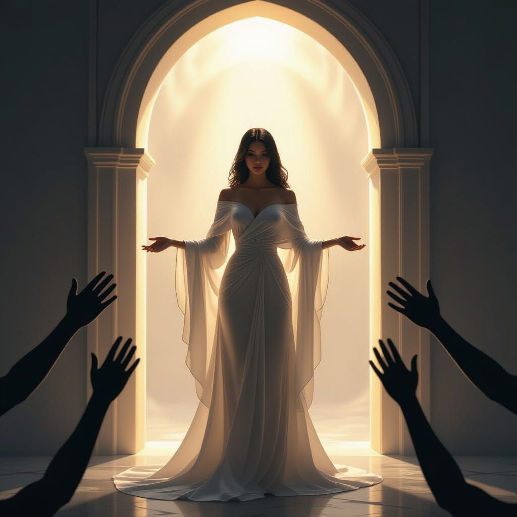 Radiant Woman in Glowing Archway: Fantasy Digital Art