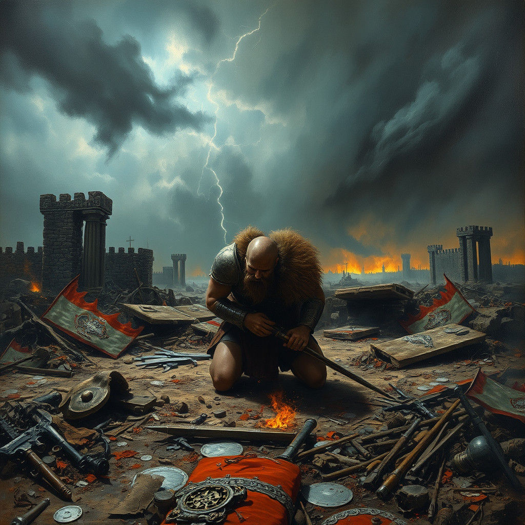 Devastated Warrior in Desolate Battlefield, Gritty Realism
