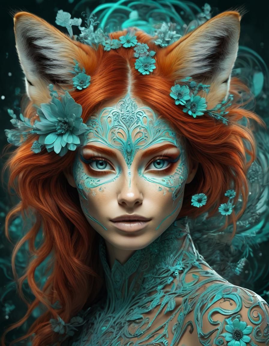 Anthropomorphic Red Fox Girl with Fractal Flowers