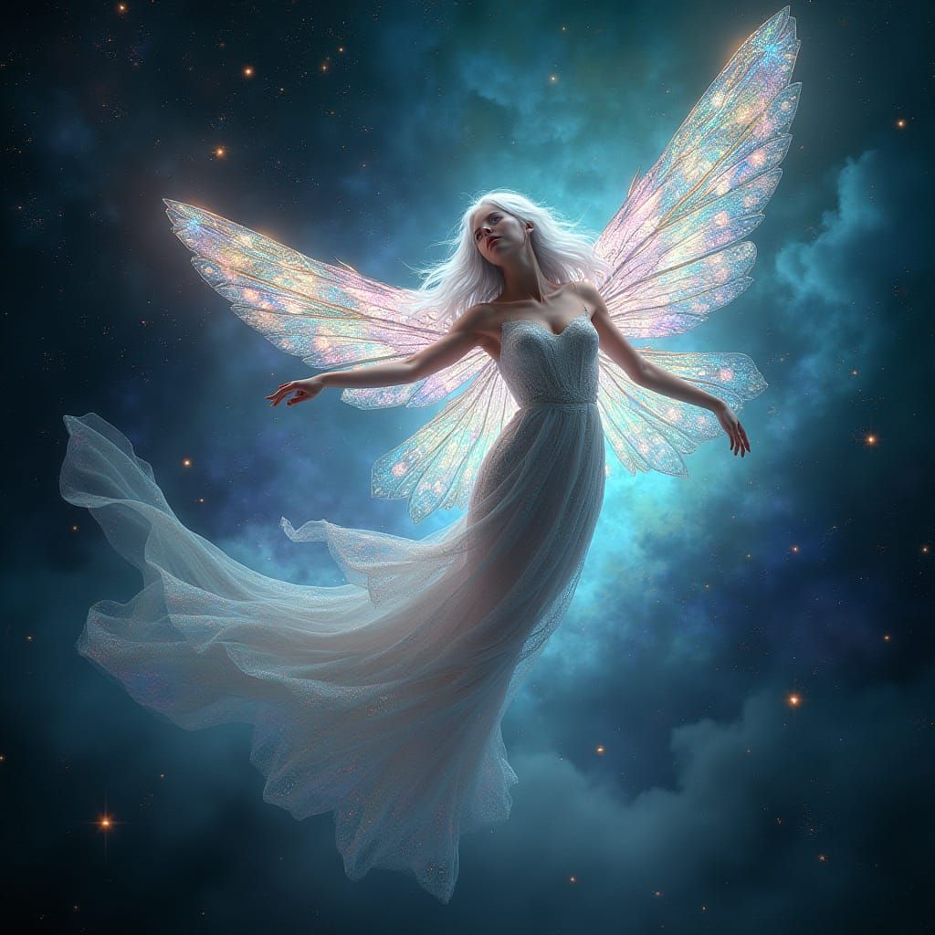 Ethereal Celestial Goddess in Iridescent Nebulae