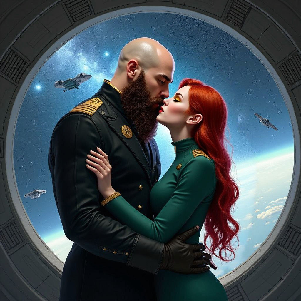 Sci-Fi Embrace Before a Galaxy Window