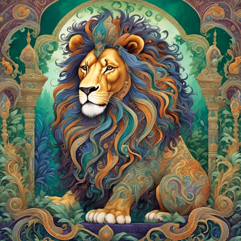 Paisley Lion in Mystical Indian Cityscape