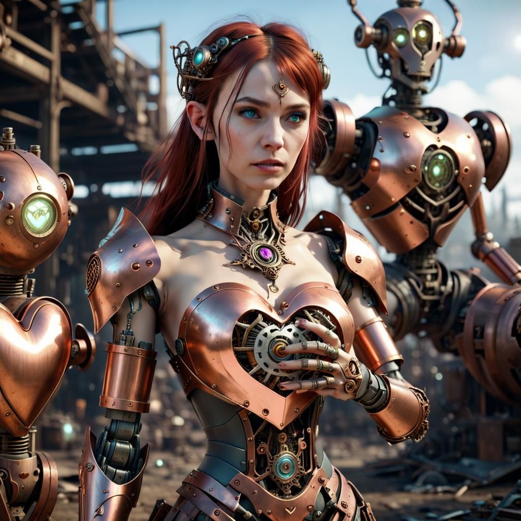 Armed Cyborg elvish princess at a robot junkyard, holding a copper steampunk heart, cryengine 4k unreal engine futuristi...