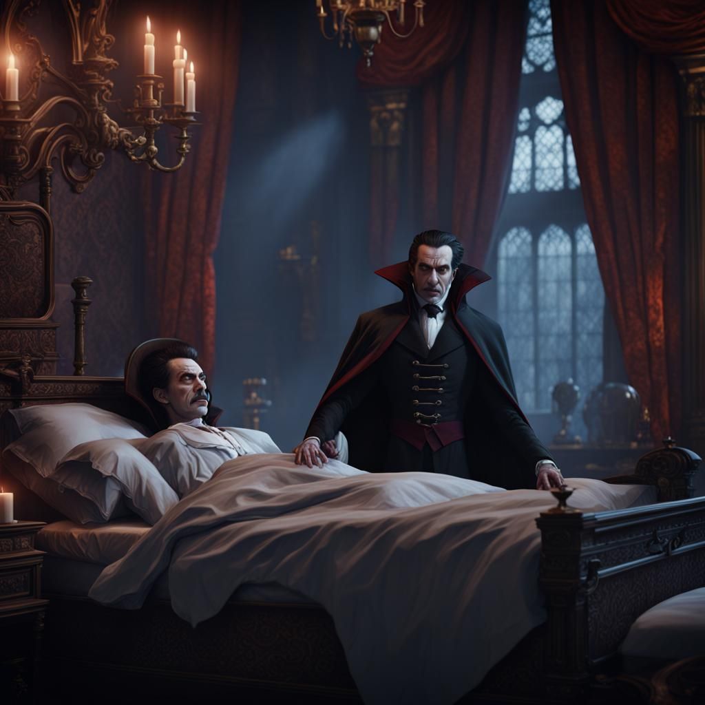 Count Dracula Sick in Bed: Detailed Matte Painting