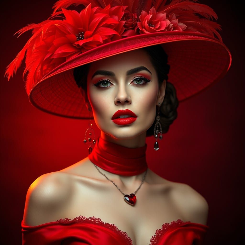 Elegant Red Fantasy Woman in Exquisite Outfit
