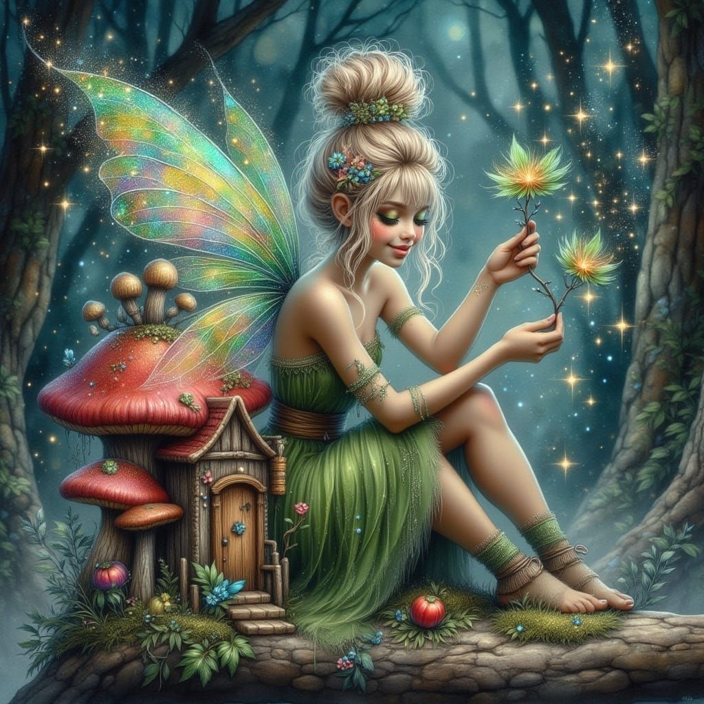 Tiny Fairy Cleaning Mushroom House with Sparkles and Bubbles