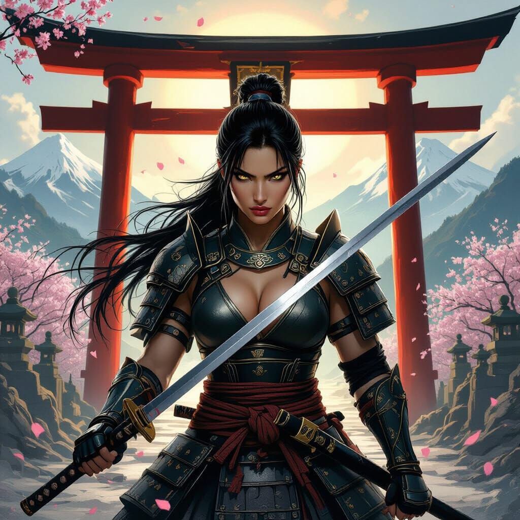 Warrior Woman Guards Magical Gate in Amano Frazetta Style