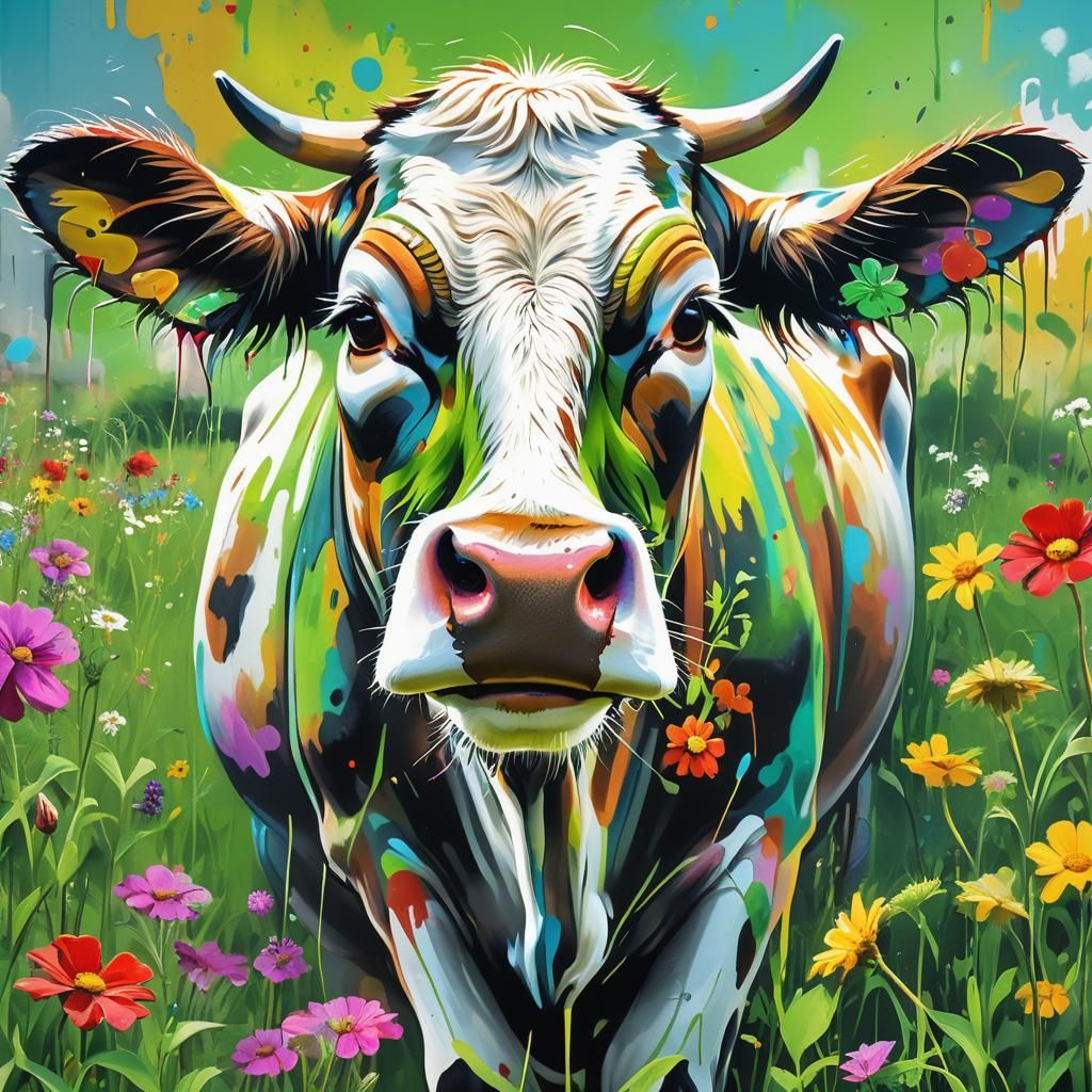 Cow in Green Pasture: Vibrant Graffiti Art
