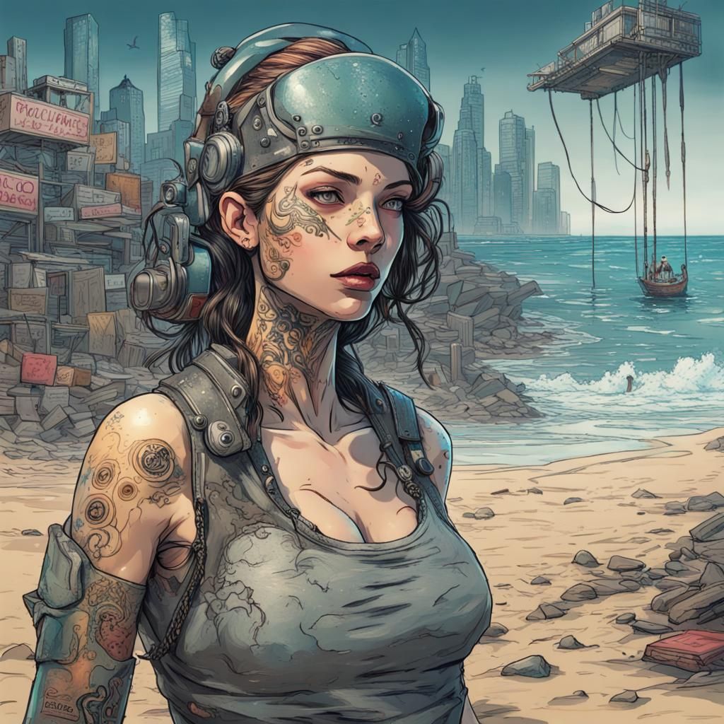 Cyberpunk Girl Running on Beach, Digital Art