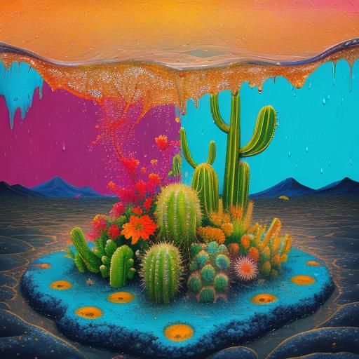 Cactus in Desert Rain: A Surrealist Oil Painting