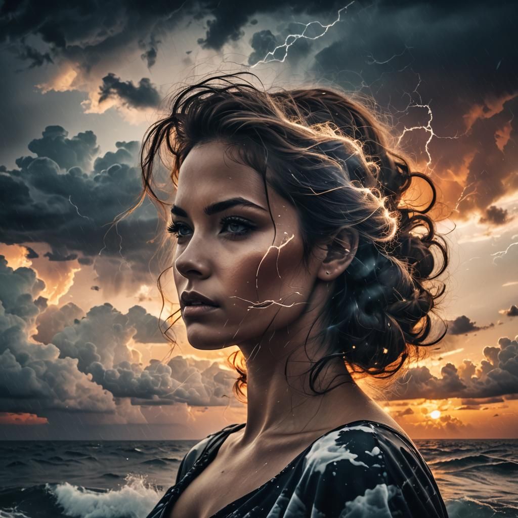Double Exposure: Woman and Sunset Storm at Sea